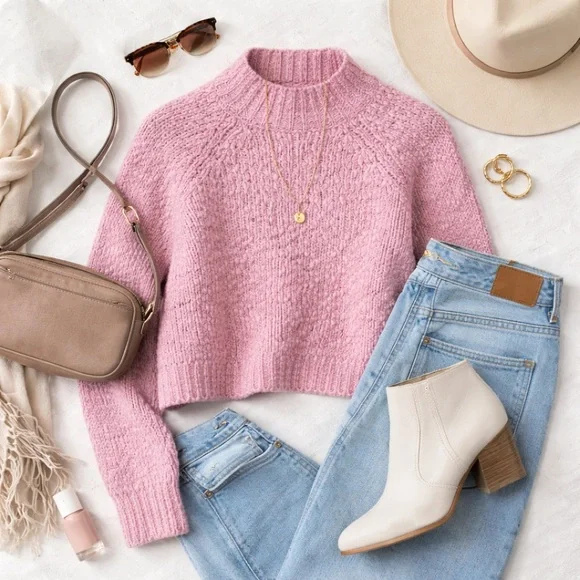 Maeve | Pink Chunky Knit Sweater | Wool Blend | Mock Neck | Size M - Picture 8 of 8